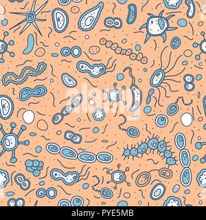 Vector bacterias cells seamless pattern. Microorganism collection. Composition in a doodle style. Stock Vector