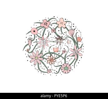 Flowers and leaves round composition.  Hand drawn style.  Vector ilustration. Stock Vector