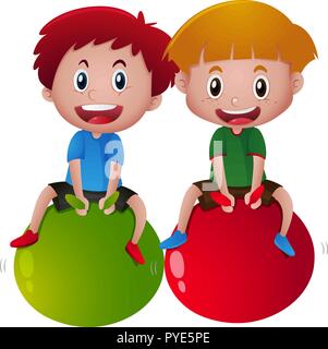 Two happy boys on big balls illustration