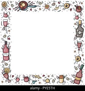 Vector frame of mulled wine elements and objects. Square border composition in doodle style. Stock Vector
