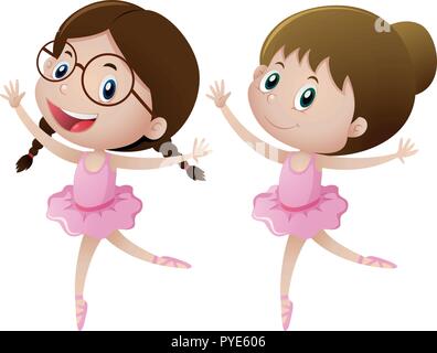 Two girls in pink dress doing ballet illustration Stock Vector