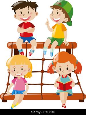 Four kids on rope climbing station illustration Stock Vector