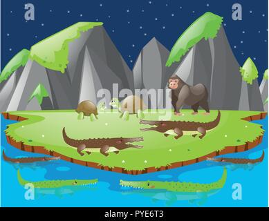 Scene with crocodiles and other animals on island illustration Stock Vector