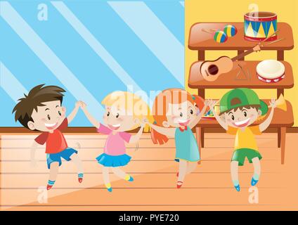 Four kids having fun in music class illustration Stock Vector