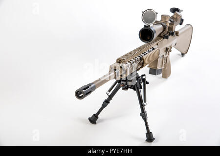 The M110 Semi-Automatic Sniper System (M110 SASS) is an American semi-automatic sniper rifle/designated marksman rifle that is chambered for the 7.62×51mm NATO round. It was developed by U.S. firearm manufacturer Knight's Armament Company.   The M110 Semi-Automatic Sniper System is intended to replace the M24 Sniper Weapon System used by snipers, spotters, designated marksman, or squad advanced marksmen in the United States Army. The United States Marine Corps also uses the M110 to replace some M39 and all Mk 11 as a complement to the M40A5. The rifle has ambidextrous features such as a double Stock Photo