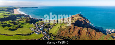 Aerial view over Mortehoe and Woolacombe bay, North Devon, England Stock Photo
