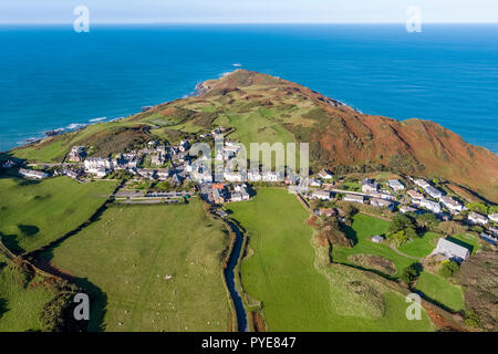 Aerial view over the village of Mortehoe, North Devon, England Stock Photo