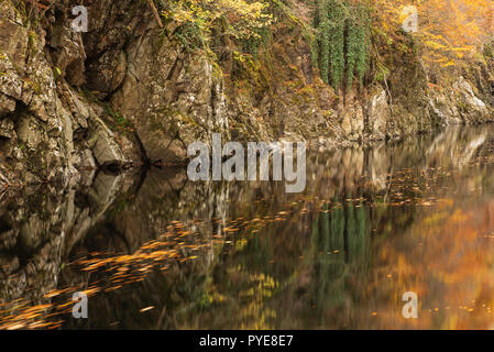 Autumn colours reflected in the River Garry, Killiecrankie Gorge, Perthshire, Scotland.