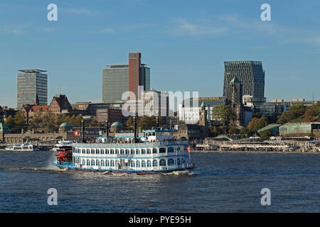 paddle steamer Louisiana Star in front of St. Pauli Landungsbruecken (jetties), Hamburg, Germany Stock Photo