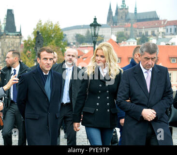 French President Emmanuel Macron (left)  walks across the Charles Bridge in Prague, Czech Republic, October 27, 2018, At right is Czech Prime Miiniste Stock Photo