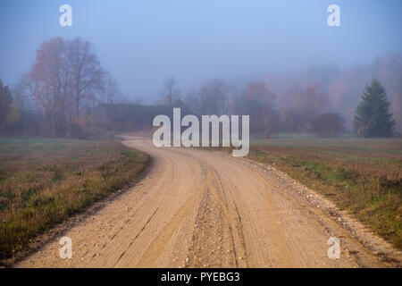 pleasing the senses or mind aesthetically country gravel road in autumn colors in fall colors with mist and foggy trees on both sides Stock Photo