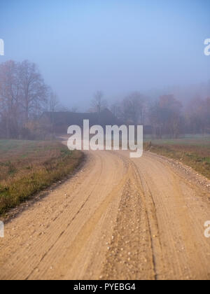 pleasing the senses or mind aesthetically country gravel road in autumn colors in fall colors with mist and foggy trees on both sides Stock Photo