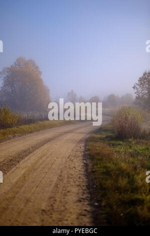 pleasing the senses or mind aesthetically country gravel road in autumn colors in fall colors with mist and foggy trees on both sides Stock Photo