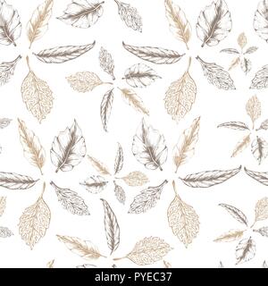 Botanical watercolor seamless pattern. Beautiful vector hand drawn texture with tender variety of leaves on white background. Romantic background for  Stock Vector