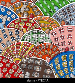 Set of doodle cute houses. Cozy cartoon hand drawn buildings in bright colors. Cute doodle hand drawn vector illustration card Stock Vector