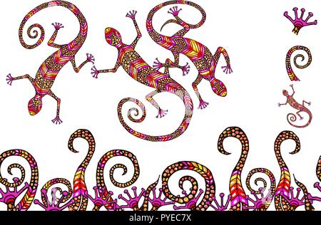 Hand drawn lizard elements with seamless brush, body parts, lizards for composition. Cute sketch zentangle handprint Stock Vector
