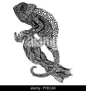 Pretty sketch black and white chameleon doodle bubble technique on white background for sketching, tatoo, cards and your own design. Editable ink vect Stock Vector