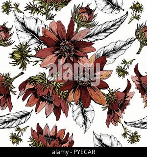 Beautiful black and white leaves with bright red flowers adonis on white background seamless pattern for fabric, textile, texture, print fashion, wrap Stock Vector