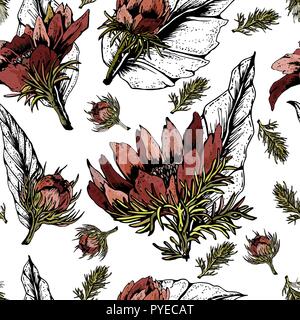 Beautiful black and white leaves with bright red flowers adonis on white background seamless pattern for fabric, textile, texture, print fashion, wrap Stock Vector