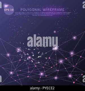 Abstract blue background polygonal digitally drawn futuristic low poly wire frame shape point, composition and lines vector illustration. Stock Vector