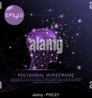 Head with brain purple polygonal digitally drawn futuristic low poly wire frame shape point, composition and lines vector illustration. Stock Vector