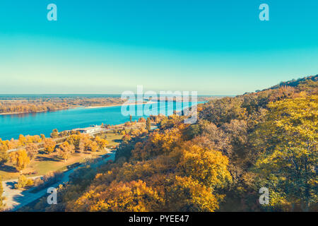 Aerial view at the Dnieper river and embankment near Taras Hill (Chernecha Hora) in autumn. Kaniv, Ukraine, Europe Stock Photo