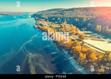 Aerial view at the Dnieper river and embankment near Taras Hill (Chernecha Hora) in autumn. Kaniv, Ukraine, Europe Stock Photo