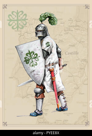 Knight of Order of Alcantara, XIIIc. Medieval knight illustration. Spanish crusader in the battle. Stock Photo