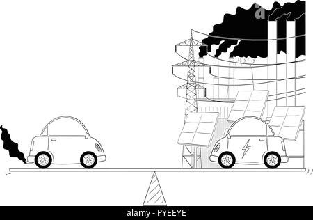 Cartoon of Fuel and Electric Cars Measured on Balance Scale Stock Vector