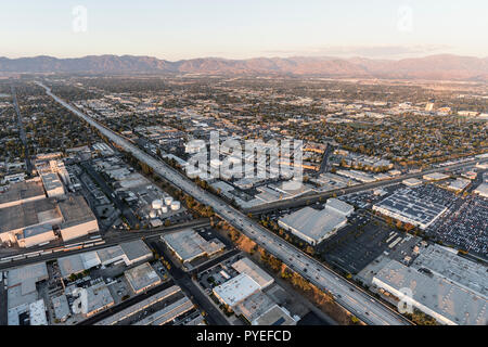 Los Angeles, California, USA - October 21, 2018:  Aerial view of the 405 freeway near Roscoe Blvd in the San Fernando Valley area of Los Angeles, Cali Stock Photo