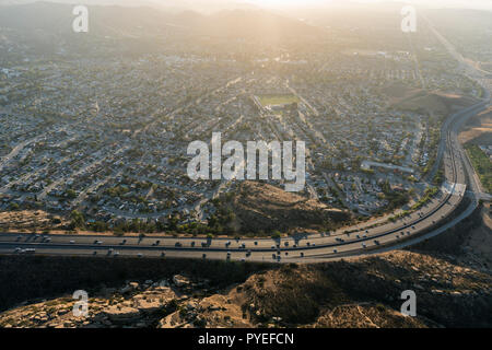 Aerial view of suburban streets, houses and route 118 Freeway near Los Angeles in Simi Valley, California. Stock Photo
