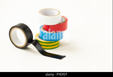 Close-up. Multicolored insulating tape on a white background. Stock Photo