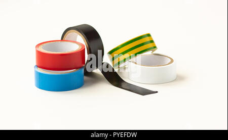 Many colored electrical tapes on a white background Stock Photo