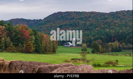 bales of hay lined up  in front of a view of a cattle ranch with the  bright autumn colors of fall foliage in the hills behind Stock Photo