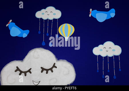 Background for birthday party, with airplanes, balloons and clouds smiling in a beautiful blue sky. Stock Photo