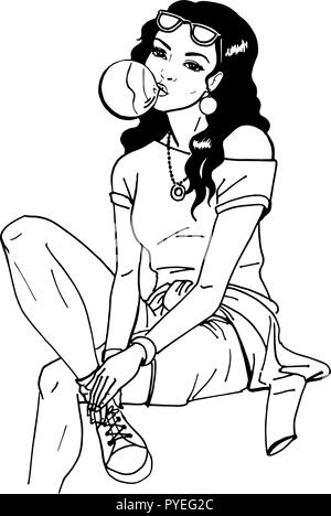 Girl sitting and making bubbles of gum Stock Vector