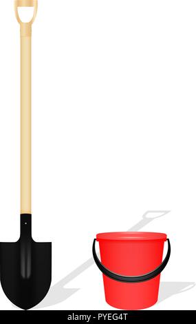 Bayonet shovel and red bucket Stock Vector
