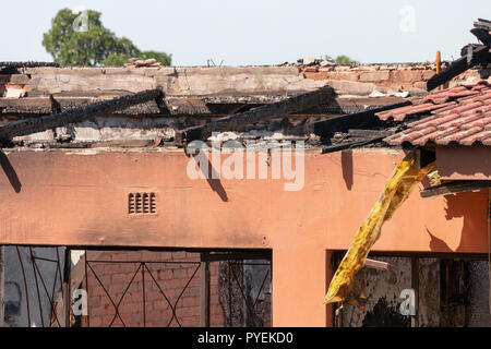 A close up view of a section of  the burned out shell of a house that caught on fire and was totally destroyed Stock Photo