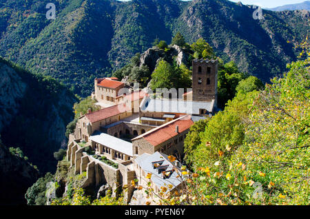 The monastery Abbaye de St. Martin de Canigou in the pyrenees mountains in France Stock Photo