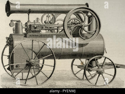 Steam machine, horizontal, locomobile, mounted on wheel train. Built by the engineer and mechanic J. Hermann-Lachapelle. Engraving. La Ilustracion Española y Americana, 1876. Stock Photo