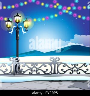 Winter sketch on the background of snowy hills and vintage street lamp with colorful garlands. Sample of Christmas and New year greeting card, festive poster or party invitations. Vector illustration. Stock Vector