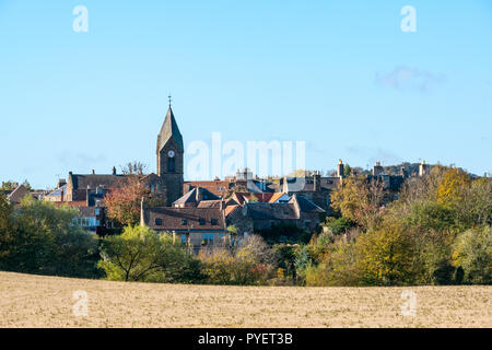 View of picturesque village of East Linton with chiurch clock spire, East Lothian, Scotland, UK Stock Photo