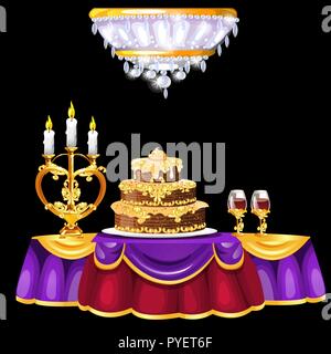 Festive table with with a luxurious cake, glasses of wine and the Golden candlestick. Vintage dining room interior isolated on black background. Vector illustration. Stock Vector