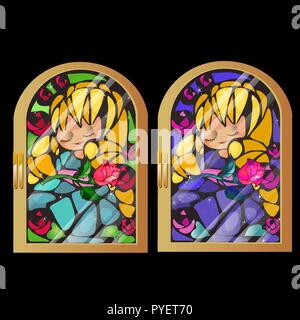Two vintage stained glass window with a picture of a girl isolated on black background. Vector illustration. Stock Vector