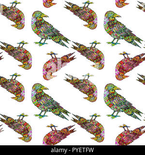 Hand drawn colorful birds seamless pattern in zentangle style. Crown ornamental silhouette. Hippie ornamental pattern. Ethnic tattoo design. Isolated  Stock Photo