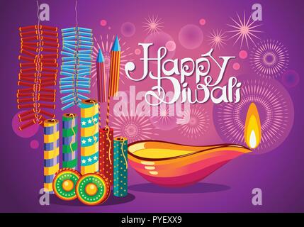 Diwali poster with diya and crackers . Illustration of Diwali banner with wishes. Stock Vector