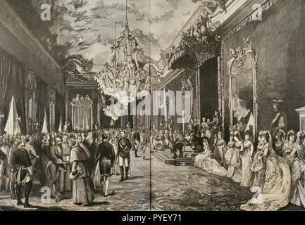 Bourbon Restoration. Spain, Madrid. Official reception in the Throne Hall of the Royal Palace, in celebration of the days of Alfonso Xll, King of Spain (1857-1885), on 23rd January. Drawing by Comba. Engraving. La Ilustracion Española y Americana. January 30, 1876. Stock Photo