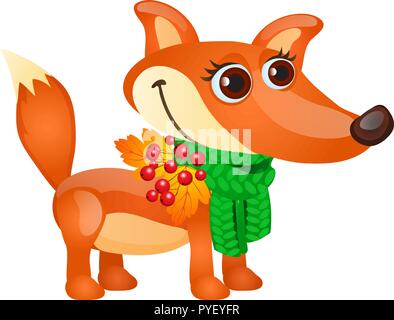 Autumn sketch with cartoon fox with green scarf and ripe viburnum berries isolated on white background. Vector cartoon close-up illustration. Stock Vector