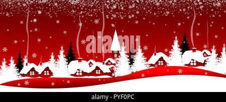 Winter red banner. Snowfall over the village. Landscape snow-covered village. Winter night landscape. Stock Vector