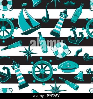 Sailor pattern on black and white stripes. Seamless pattern of a pirate ship and attributes. hand-drawn illustration Stock Vector